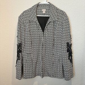 Chico’s Black & White Check Print Ponte Lace Appliqué Split Sleeve Blazer - L